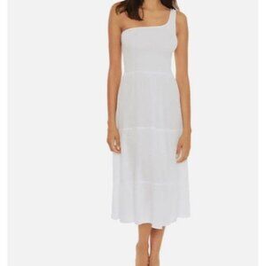 Becca by Rebecca Virtue Sz M Coverup White Smocked One Shoulder Tiered Midi